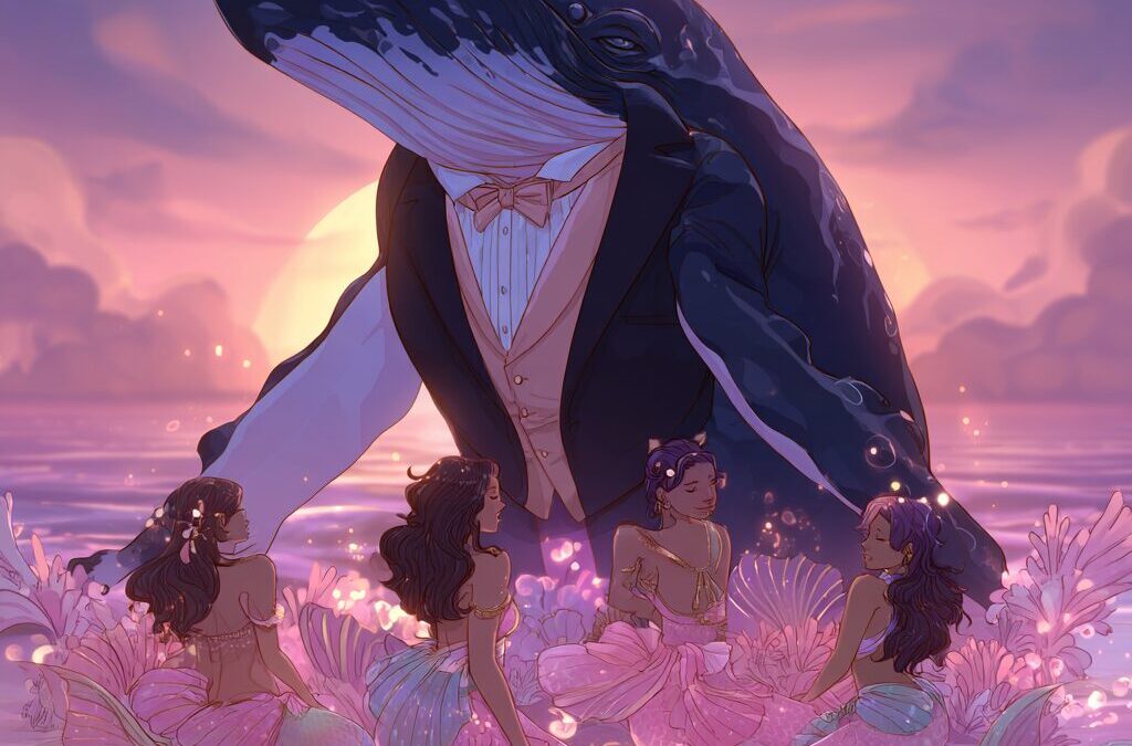 Whale with tuxedo and mermaids