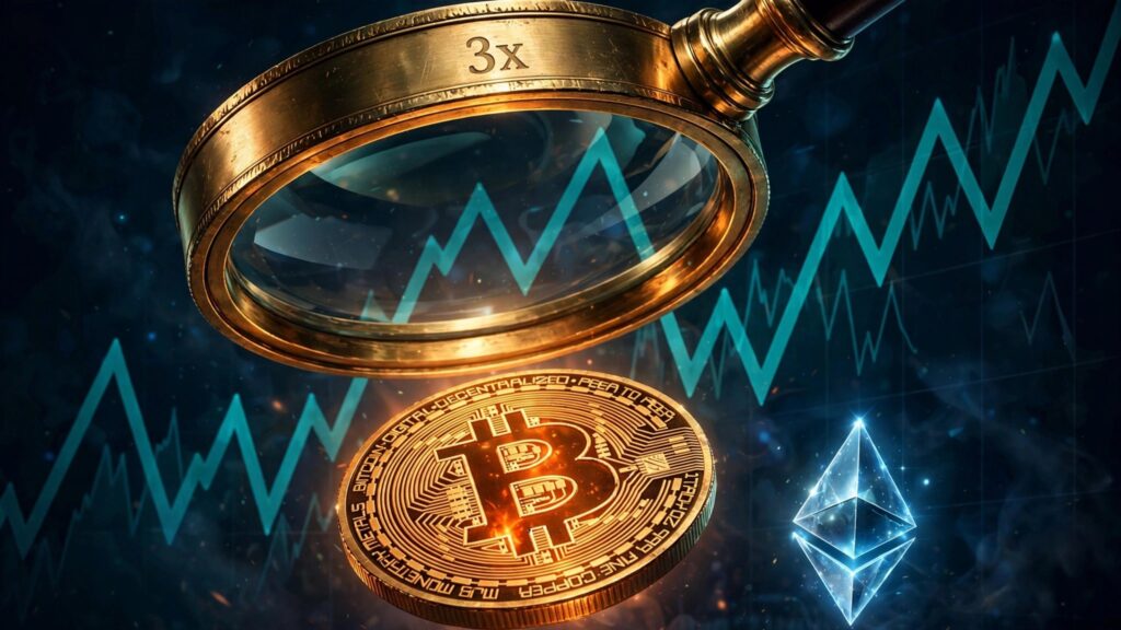 Editorial illustration: a brass magnifying lens engraved '3x' held over a glowing Bitcoin coin and an Ethereum diamond, against a jagged teal price chart on deep navy.